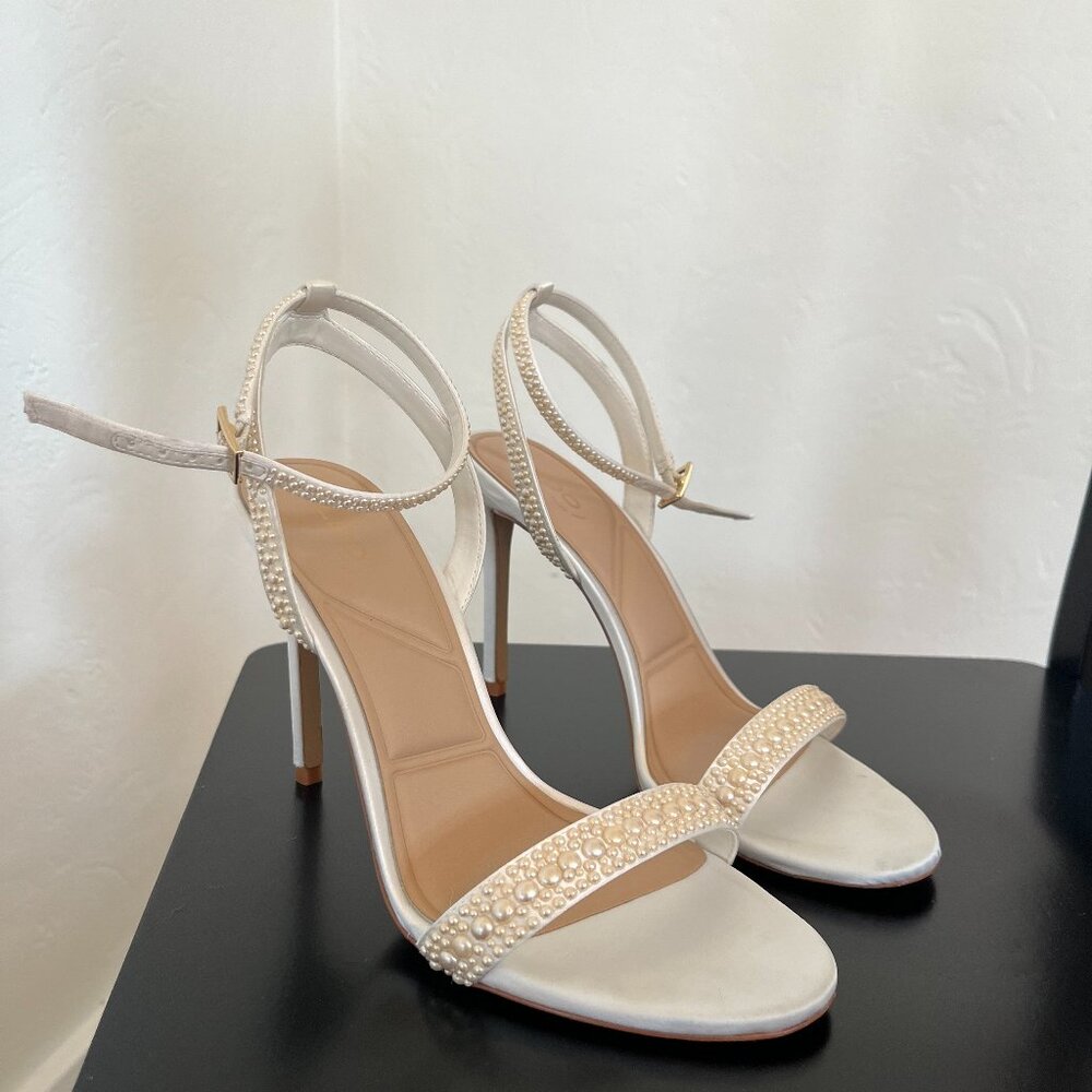 Aldo Perlea Ankle Strap White Satin and Peal Heeled Sandal, size 8